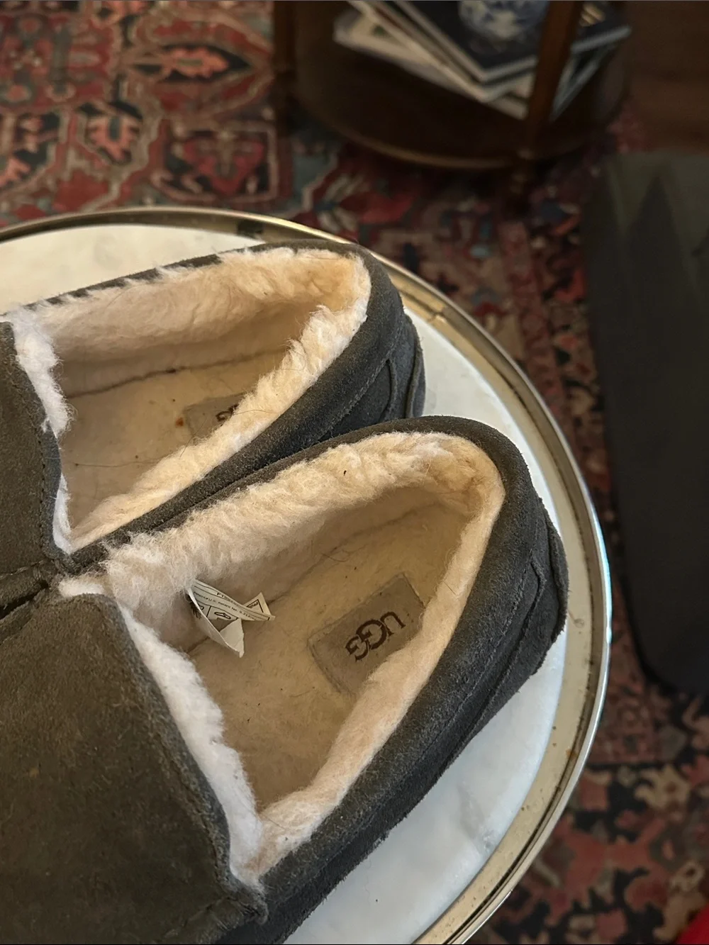 Men's UGG Suede Slip-On Moccasin Slippers in Dark Gray - Plush Lining